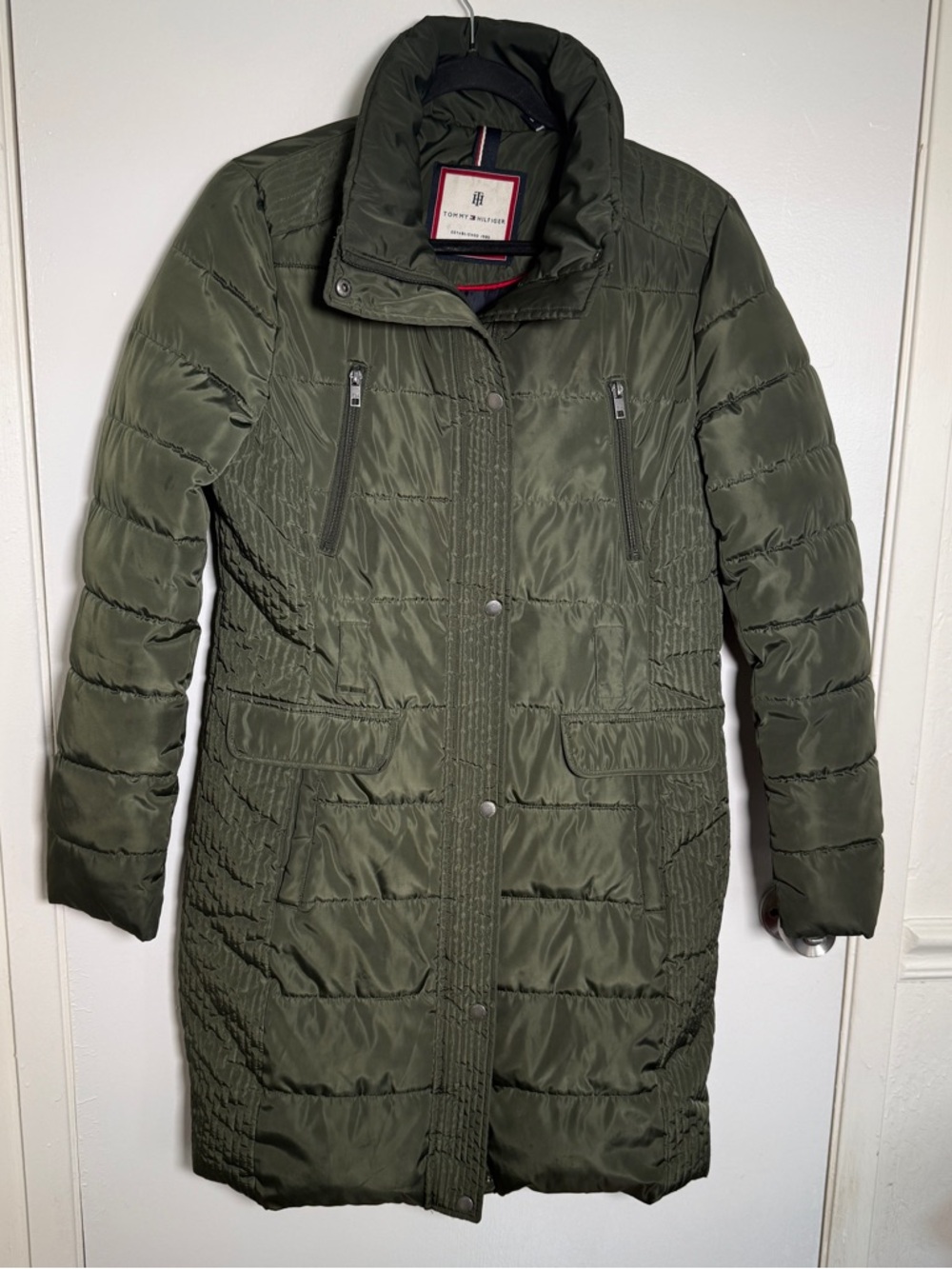 Tommy Hilfiger Olive Green Quilted Long Puffer Jacket Womens Medium
